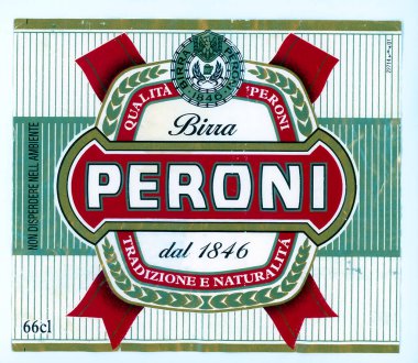 ROME ITALY 05 22 2003: Sticker of Peroni Brewery, Francesco Peroni tarafından 1846 yılında İtalya 'nın Vigevano kentinde kurulan bira şirketidir..