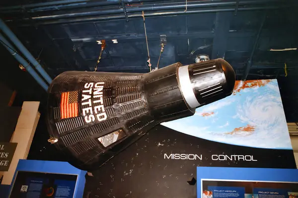 stock image NEW YORK UNITED STATES 10 10 2005: Mercury space capsule on the USS Intrepid air and space museum, aboard the vast World War 2 American aircraft carrier