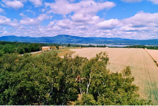 stock image Landscape view of farmland in Ile D'Orleans Quebec Canada plowed field furrows