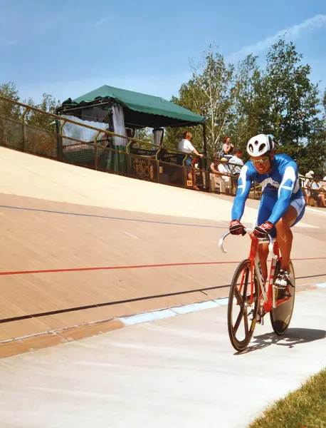 stock image BROMONT-AUGUST 29:Unknown athlete members of the Canadian's team race on 2010 National Canadian Track Championships on August 29, 2010 in Bromont.On the velodrome used for the 96 Atlanta Olympic Games