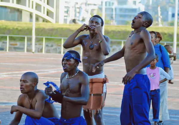 stock image CAPE TOWN, SOUTH AFRICA - MAY 25 : Unidentified young men wears workers clothing, during presentation of soweto street dancing, south african style on May 25, Cape Town, South Africa.