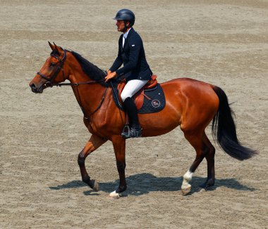 BROMONT-CANADA 29 Temmuz 2003: 2003 'te bilinmeyen bir binici at, Internationonal BROMONT. 1976 Montreal Olimpiyat Parkı 'nda.