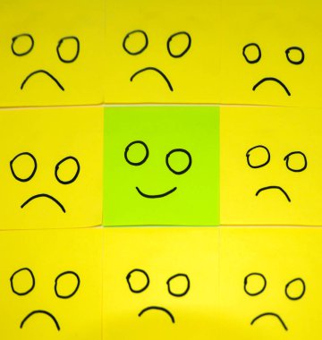birden fazla yüzleri ve bir gülümseme ile öne çıkan küçük ofis notları ile olumlu bir tutum için kavram