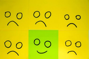Emotions concept. Background of sticky notes. Green sticky note and yellow sticky notes isolated on white background