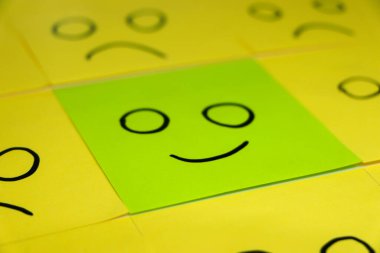 Mutsuz ve mutlu bir kavram. Arka plan yeşil yapışkan notlar. Mutsuz yapışkan not mutlu yapışkan notlar arasında olduğunu.