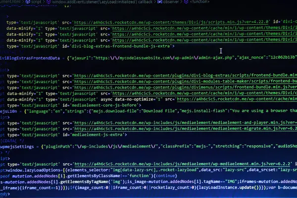 Matrix byte of binary data rian code running abstract background in dark blue digital style. Programming code screen of software developer. Javascript code in bracket software
