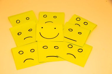 Mind, Mental Health Concept. Varieties of Mood and Emotion Inside Out. many Sticky Notes on Board with Handwriting Cartoon Emoticon Face