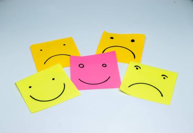 Mind, Mental Health Concept. Varieties of Mood and Emotion Inside Out. many Sticky Notes on Board with Handwriting Cartoon Emoticon Face
