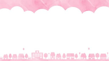 İllüstrasyon arka planı; evler, ağaçlar ve kuşlar (pembe)