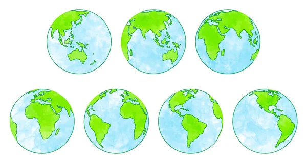 Yeşil Toprak Küre Seti Suluboya Resimleme — Stok Vektör