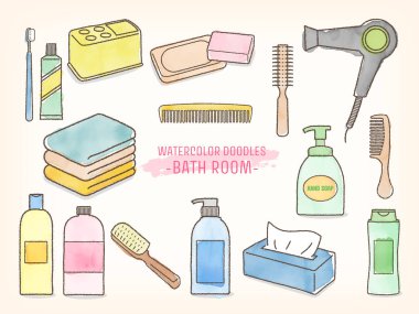 Suluboya resim seti elle çizilmiş günlük ihtiyaçlar - banyo malzemeleri