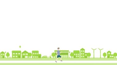 A man walking cheerfully in street. ecological cityscape