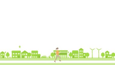 A woman walking cheerfully in street. ecological cityscape