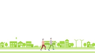 A senior couple walking cheerfully in street. ecological cityscape
