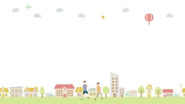 A couple walking briskly in street. colorful cityscape