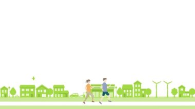 A couple walking cheerfully in street. ecological cityscape