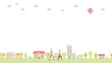 A senior couple walking briskly in street. colorful cityscape