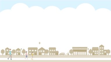 Animation of people walking through a simple cityscape illustration. blank space for text