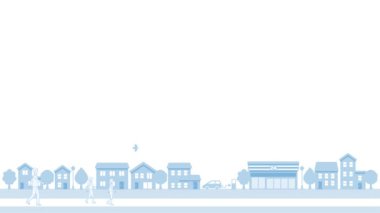 Animation of people walking through a simple cityscape illustration(blue). blank space for text