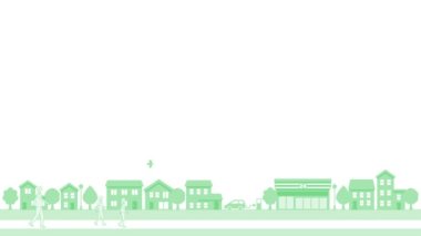 Animation of people walking through a simple cityscape illustration(green). blank space for text