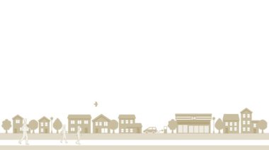 Animation of people walking through a simple cityscape illustration(light brown). blank space for text