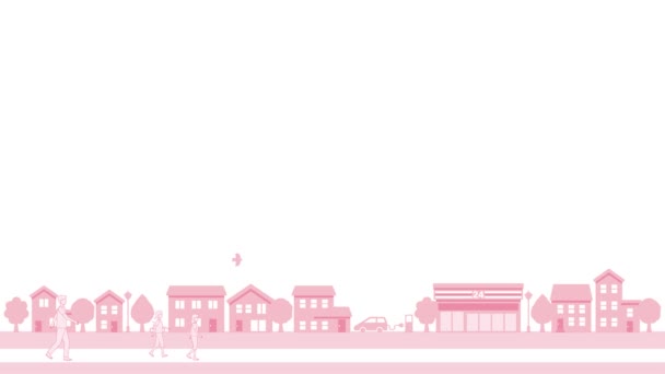 Animation People Walking Simple Cityscape Illustration Pink Blank Space Text — Vídeos de Stock