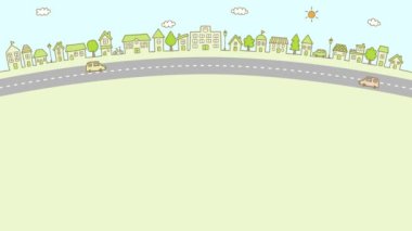 colorful houses and trees and cars. cute townscape animation (green)