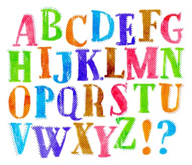 hand drawn vector doodle alphabets, grunge textured