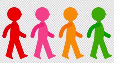 Yürüyen çubuk adam animasyon seti (kırmızı, pembe, turuncu, yeşil) alfa kanalı