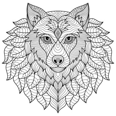 Yetişkinler için stres önleyici boyama kitabı, kurtların kafası. Basit el çizimi doğrusal vektör çizimi