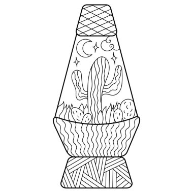 Coloring antistress page, lava lamp with cactus, black simple lines in doodle style, for adults or kids clipart