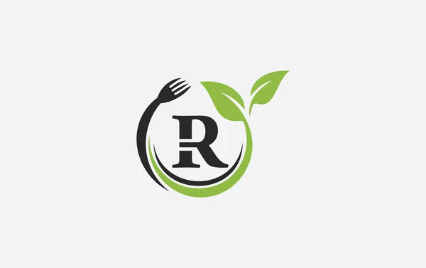 Yeşil Yapraklı Kaşık Sağlıklı Logo Tasarımı Vektör Çatal Yaprak — Stok Vektör