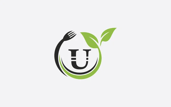 Yeşil yapraklı kaşık ve sağlıklı logo tasarımı vektör çatal ve yaprak.