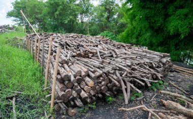Ahşap yığınları ya da mobilya fabrikasında geri dönüşüm için odun kırıntıları ya da kömür arkaplan dokusu soyut olması için yakmak.