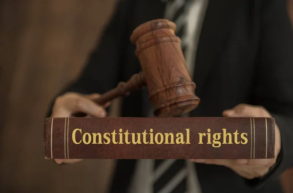 Abogado Que Sostiene Los Libros Derecho Constitucional Con Mazo Jueces Imagen De Stock