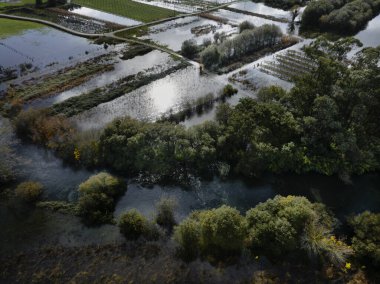 Vilanova de Arousa 'daki Albarinho şarap sahaları ve üzüm bağları taşmış ve sular altında kalmış Umia Nehri' nin havadan görünüşü