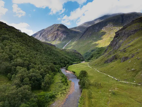 Glen Nevis 'teki Nevis Nehri' nin Suyu manzarası ve arka planda Ben Nevis dağı. İskoç dağları