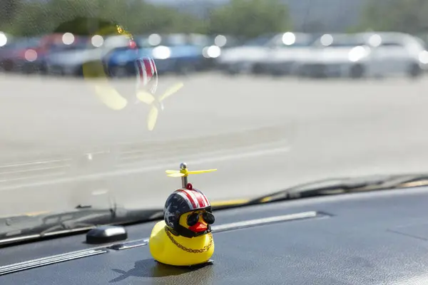 Sarı uçan lastik ördek bir arabanın içinde motorcu gibi giyinmiş.