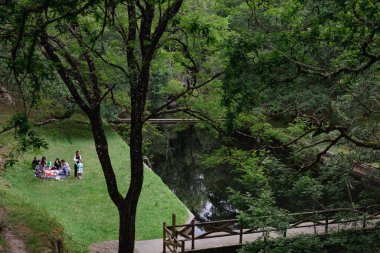 Bir aile Guitiriz 'deki Sete Muinhos havuzunda piknik yapıyor. İki Sete Muinhos 'u yönlendir. Park, bahçe.