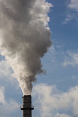 Ahşap işleme fabrikasının bacası. Beyaz bulutlu mavi gökyüzünde beyaz dumanlı baca