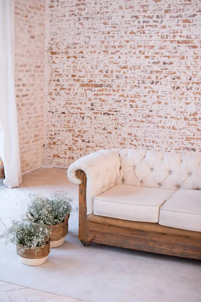 Home Interior White Quilted Sofa Wooden Base Front Blank Brick — Stock Photo, Image