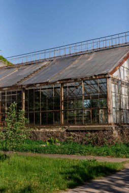 Büyük cam pencereli eski ve paslı sera.