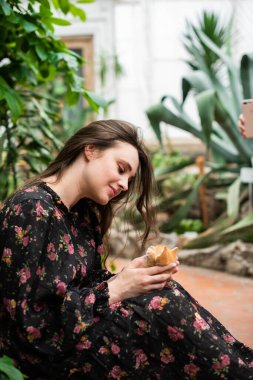 Güzel bir genç kız, bir serada bitkilerin arasında kırmızı bir kediyle oynuyor.