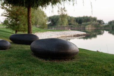 Parktaki gölün yakınındaki çimenlikte üç büyük grafit rengi ve elipsoidal şekil var. Parkın peyzaj tasarımı