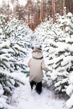 Küçük bir çocuk küçük bir çam ağacının arasında karlı bir patika boyunca koşar.