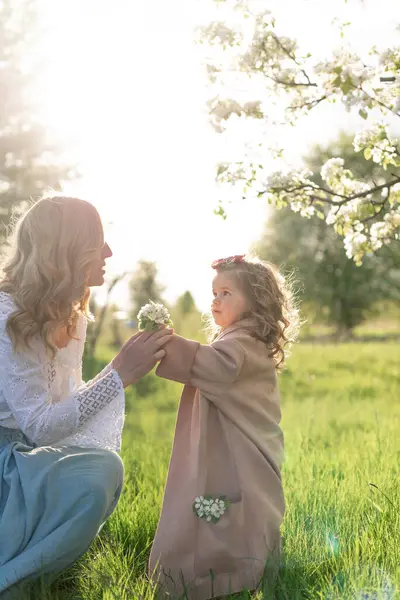 Young Beautiful Mother Her Little Daughter Picking Flowers Meadow Royalty Free Stock Photos