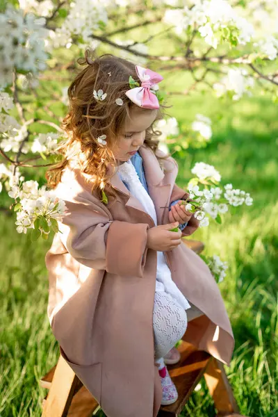 Little Cute Girl Stylishly Dressed Pink Coat Pink Bow Her Royalty Free Stock Photos