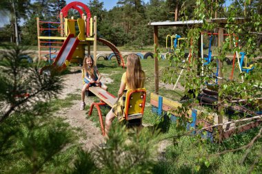 İki neşeli okul çağında kız, şehrin dışındaki bir çam ormanının yakınındaki parkta salıncakta sallanıyor.