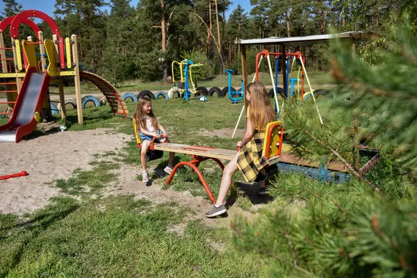 İki neşeli okul çağında kız, şehrin dışındaki bir çam ormanının yakınındaki parkta salıncakta sallanıyor.