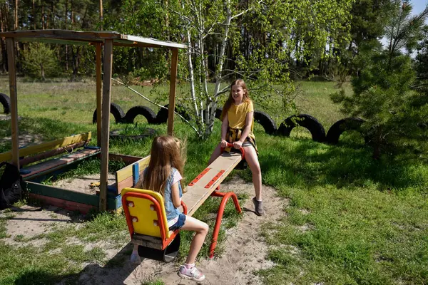 İki neşeli okul çağında kız, şehrin dışındaki bir çam ormanının yakınındaki parkta salıncakta sallanıyor.